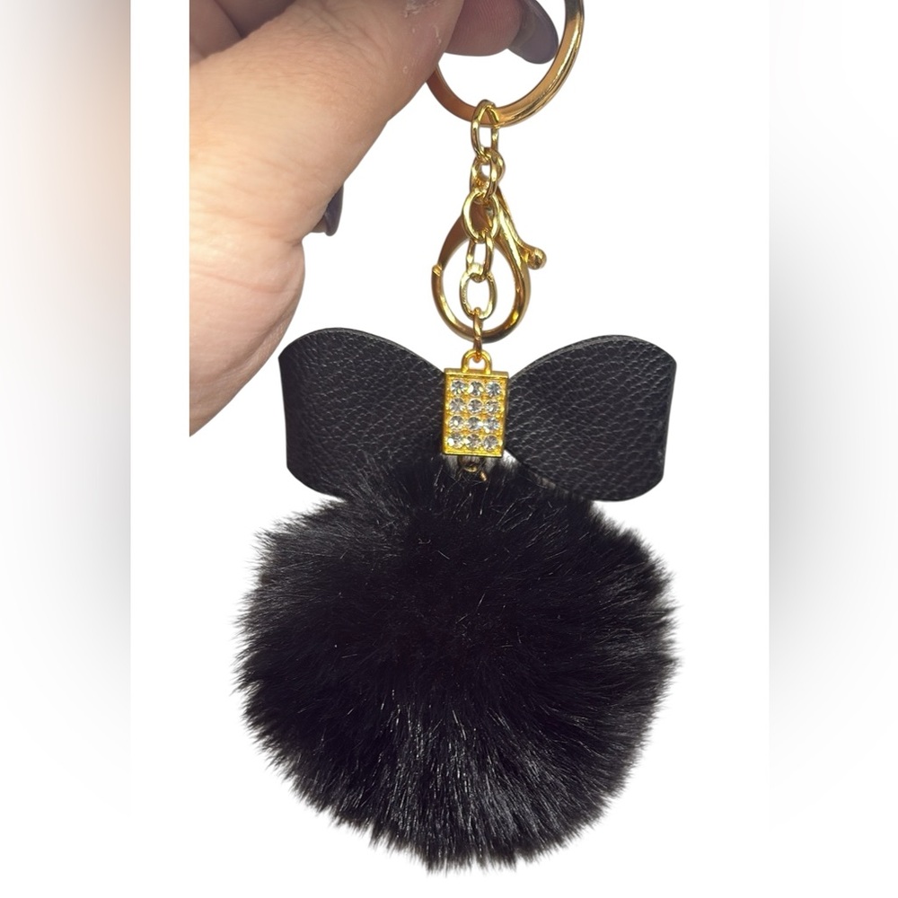 Elegant Black Fur Rhinestone Pom Pom Keychain